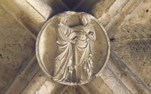 La Visitation. Clé de voûte du XVe s. Cathédrale Saint Etienne d'Auxerre, Yonne (89), Bourgogne, France.