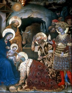 Gentile da Fabriano, L'Adoration des Mages (détail), 1423, tempera sur bois, 203 x 283 cm, Musée des Offices, Florence, Italie.
