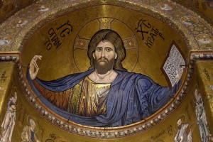 Février 2016 : Christ Pantocrator de la cath. Santa Maria Nuova (Sainte Marie la neuve) de Monreale, Sicile, Italie.
