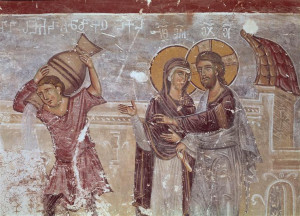 Eglise du Saint-Sauveur, transept sud : Les noces de Cana, fragment. Fresque du 14ème siècle.