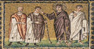 Jésus guérit un aveugle. Mosaïque, première moitié du VIe siècle. Basilique Saint- Apollinaire-le-Neuf de Ravenne. Illlustration du colloque ISEO et ISL 2020.