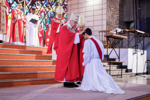 29 juin 2019 : Evêques faisant l'imposition des mains, lors d'une ordination presbytérale durant la messe célébrée en l’église Notre Dame au Cierge à Epinal (88), France.